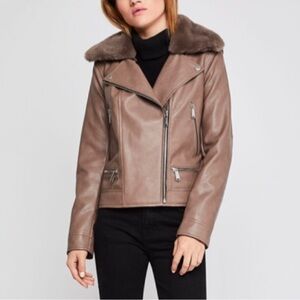 BCBG Generation FUR Collared Faux Moto Leather Jacket